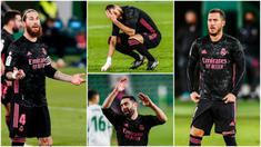 Para pemain Real Madrid tak mampu menutupi kekecewaan usai gagal menang di markas Elche pada laga Liga Spanyol. Sempat unggul melalui gol Luka Modric di menit 20, namun sayang tim tuan rumah mampu mencetak gol penyeimbang melalui tendangan penalti Fidel.