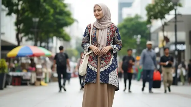 Gamis Polos Simpel Dipadukan Blazer Batik Etnik Kekinian