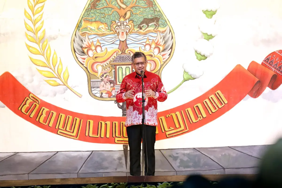 Sekretaris Jenderal PDI Perjuangan (PDIP) Hasto Kristiyanto di Gedung Pertunjukkan Wayang Orang Bharata, Senen, Jakarta Pusat, Sabtu (9/9/2023).