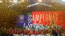 Pemain Timnas Sepak Bola Wanita Spanyol merayakan kemenangan mereka pada gelaran Piala Dunia Wanita 2023 di Madrid, Spanyol, Senin (21/8/2023). (AP Photo/Manu Fernandez)