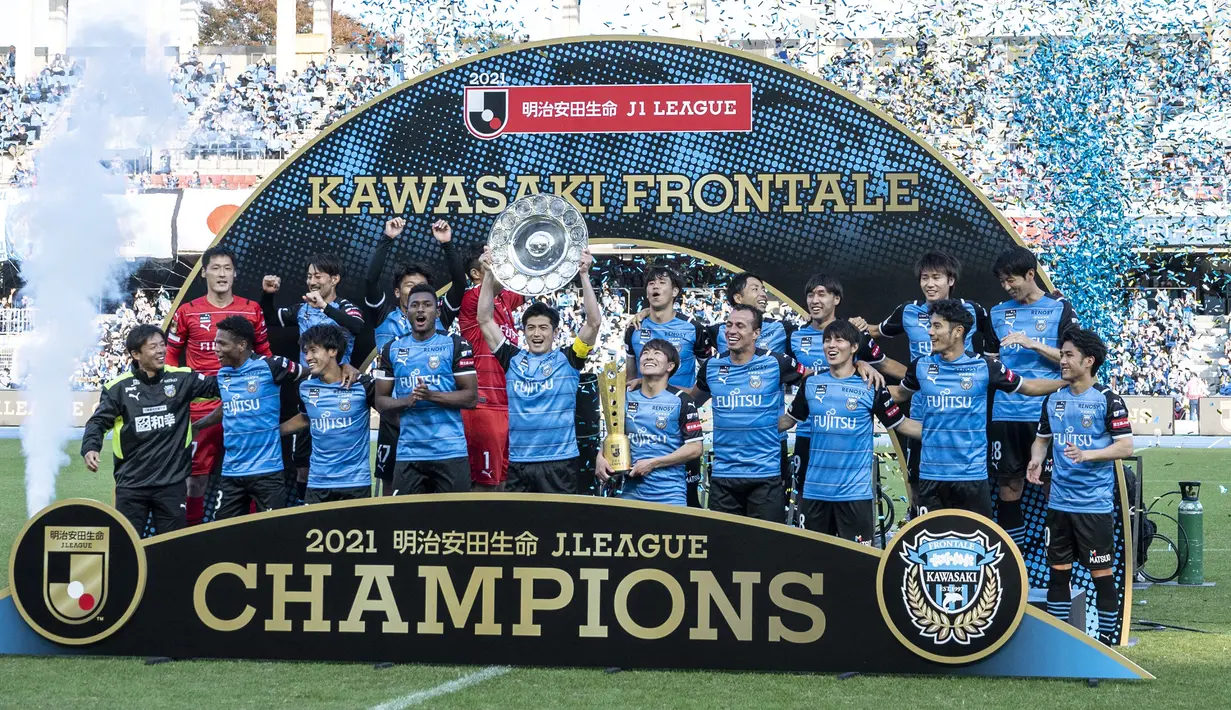 Dalam sejarah J1 League, Kawasaki Frontale tercatat menjadi kampiun J1 League sebanyak empat kali dalam 6 musim terakhir, yaitu pada 2017, 2018, 2020 dan 2021. (AFP/Charly Triballeau)
