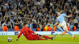 Manchester City mengalahkan Real Madrid 4-0 dalam laga semifinal leg kedua Liga Champions di Stadion Etihad. (AP Photo/Jon Super)