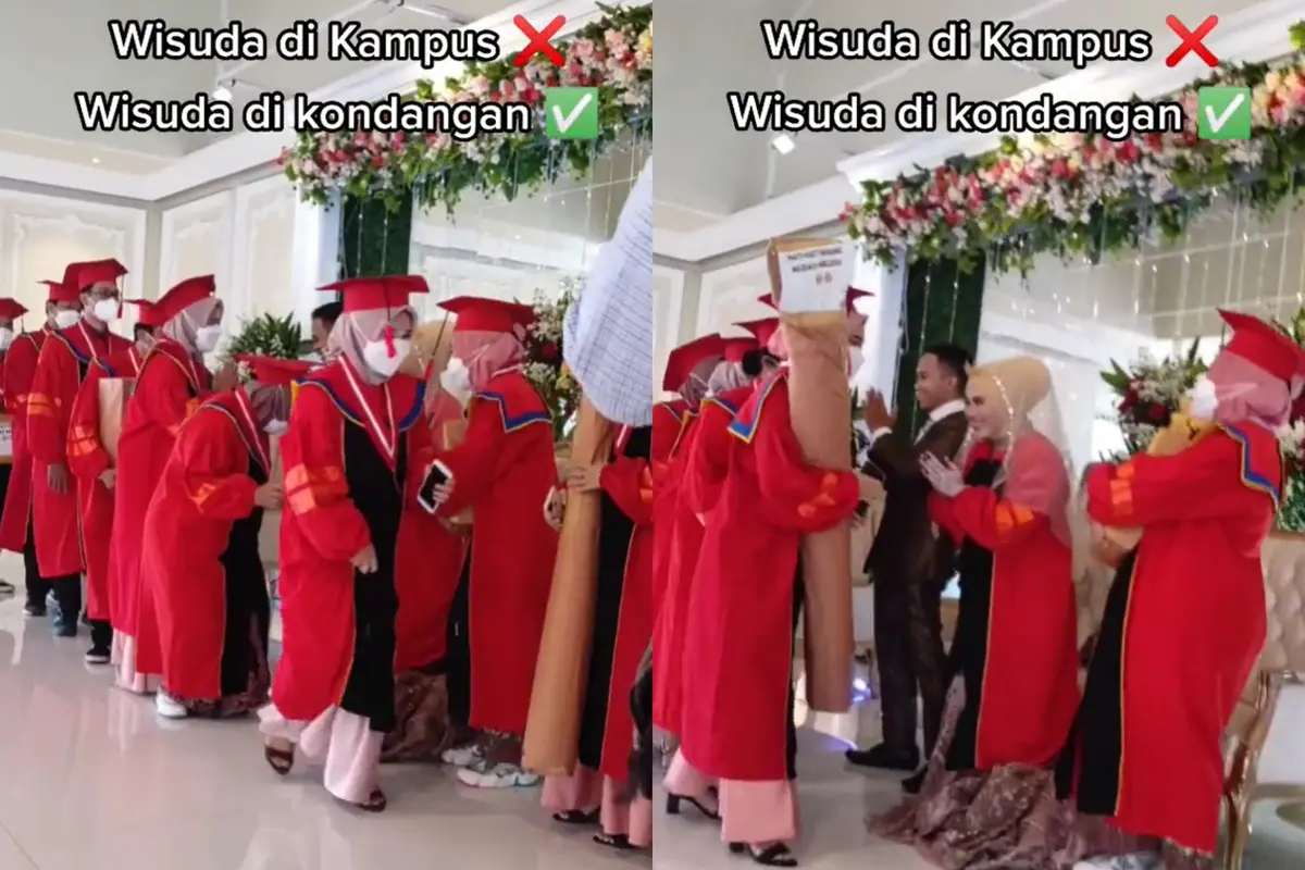 Potret kemeriahan wisudawan hadiri pesta pernikahan lengkap dengan baju toga wisuda.