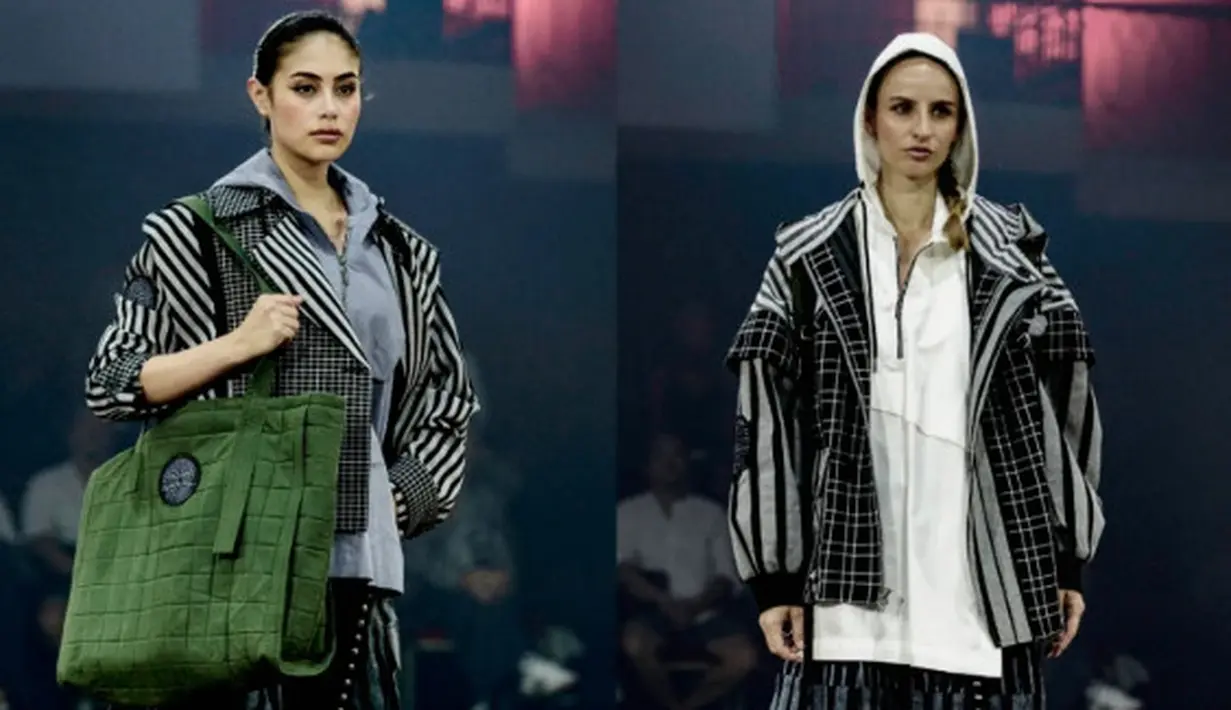 Gaya streetwear yang unik dengan jaket motif garis, celana dan rok berpotongan asimetris, serta sentuhan hoodie dan totebag besar. (foto: instagram.com/dsgnsofie)