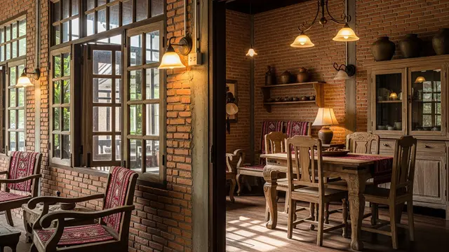 Desain Rumah Kampung dengan Dinding Bata Ekspos dan Kayu Jati (AI)