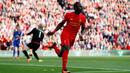 Ekspresi pemain Liverpool, Sadio Mane, setelah mencetak gol kedua ke gawang Leicester City dalam laga Premier League di Stadion Anfield, Sabtu (10/9/2016). (Action Images via Reuters/Lee Smith)