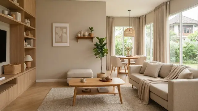 Cara membuat ruangan satu warna terasa elegan yang desainnya timeless model kombinasi material kayu dan kain