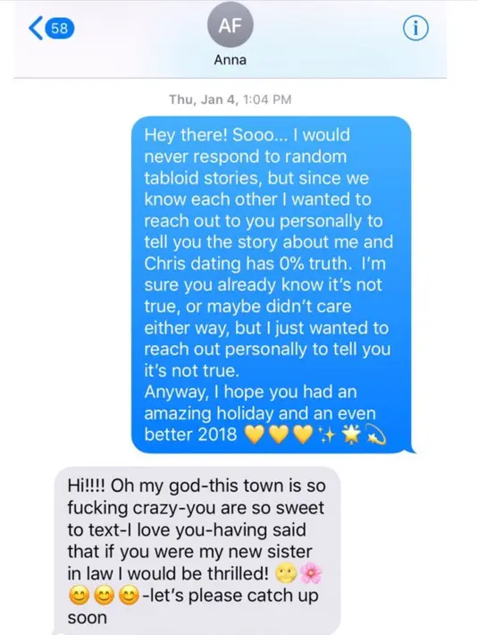 Bahkan Olivia pun mengunggah screenshot percakapannya dengan Anna Farish yang membantah kabar dirinya yang mengencani Chris Pratt. (instagram/oliviamunn)