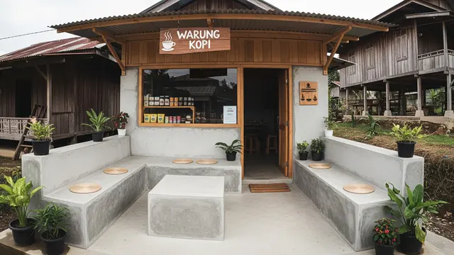 Warung Kopi Mini dengan Bangku Semen Ekspos
