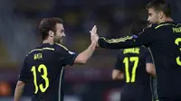 Juan Mata merayakan golnya ke gawang Makedonia dalam pertandingan kualifikasi Euro 2016 pada Rabu (9/9/2015)
