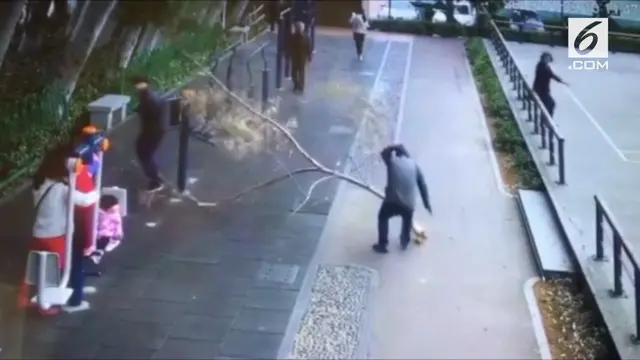 Seorang pria tiba-tiba terjatuh saat melintas di Kota Xiamen, China. Korban jatuh setelah tertimpa dahan besar yang patah dari pohon di sisi jalan.