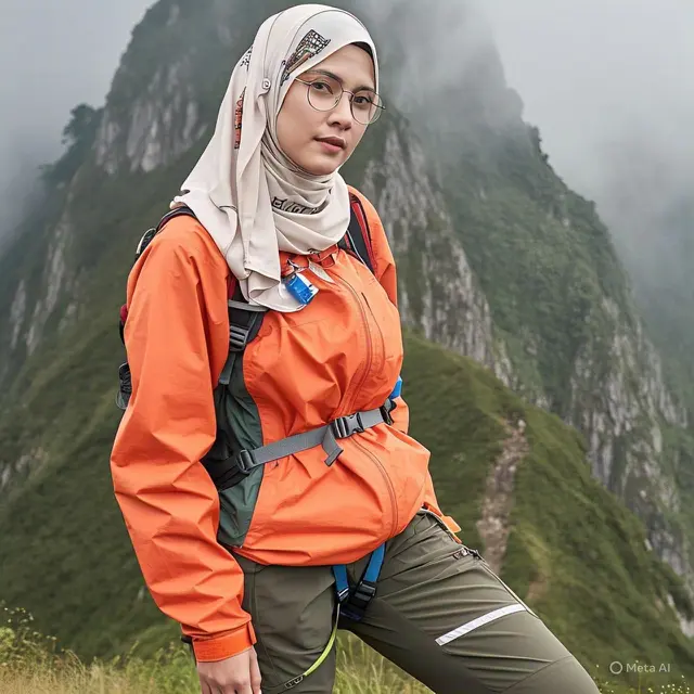 Outfit Naik Gunung Wanita: Jaket Parasut + Jilbab Instan