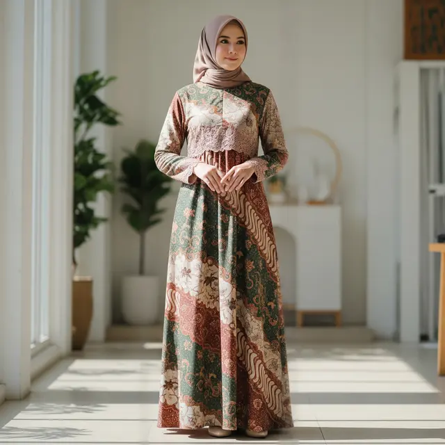 9 Model Gamis Batik Brokat Desain Rapi dan Tidak Ramai