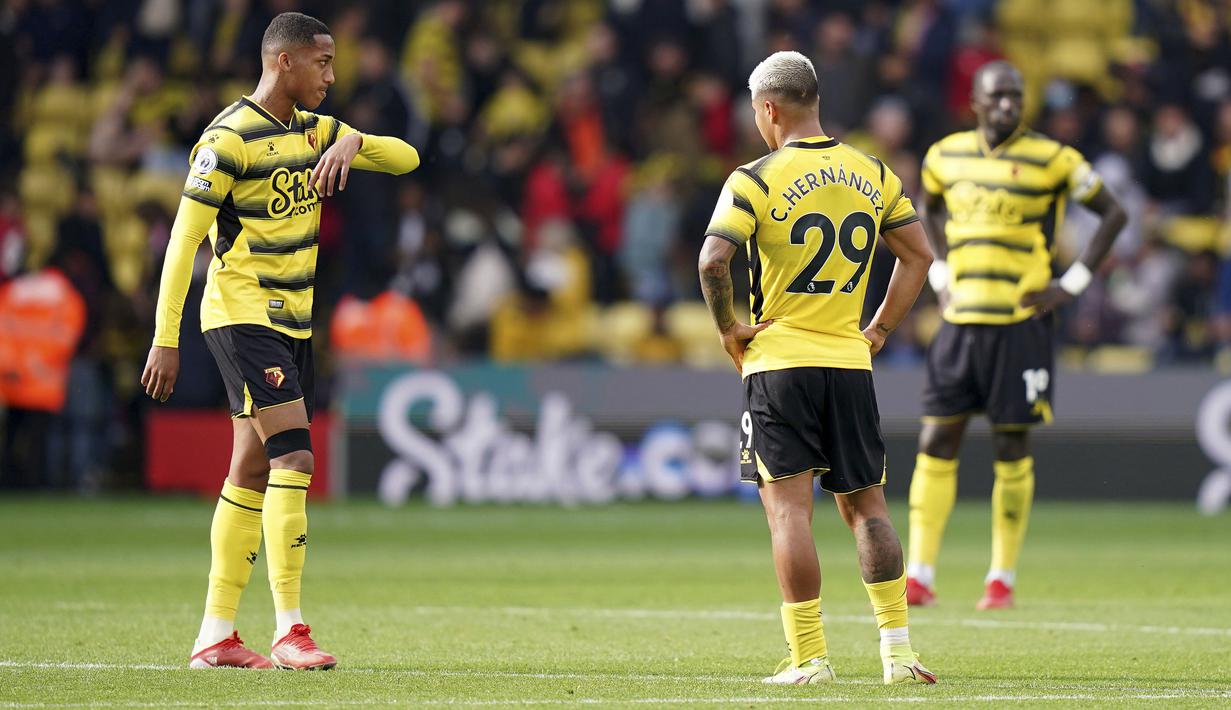 Liverpool pun naik ke puncak klasemen dengan 18 poin dari 8 laga yang telah dimainkan. Sementara Watford menghuni peringkat ke-16 dengan raihan 7 poin. (PA via AP/Tess Derry)