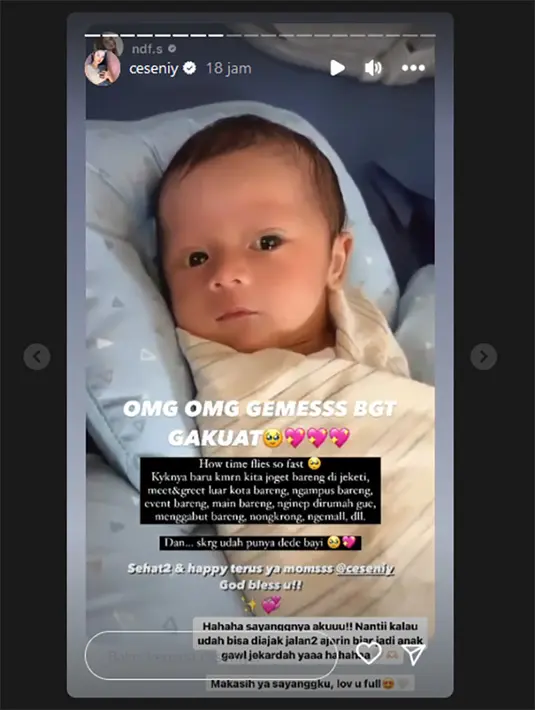 Ucapan  selamat kepada kedua pasangan ini membanjiri dari teman selebriti dan warganet. Termasuk Celine yang juga mengunggah potret Archie, anak Marshel dan Cesen di akun instaramnya. [Instagram/ceseniy]