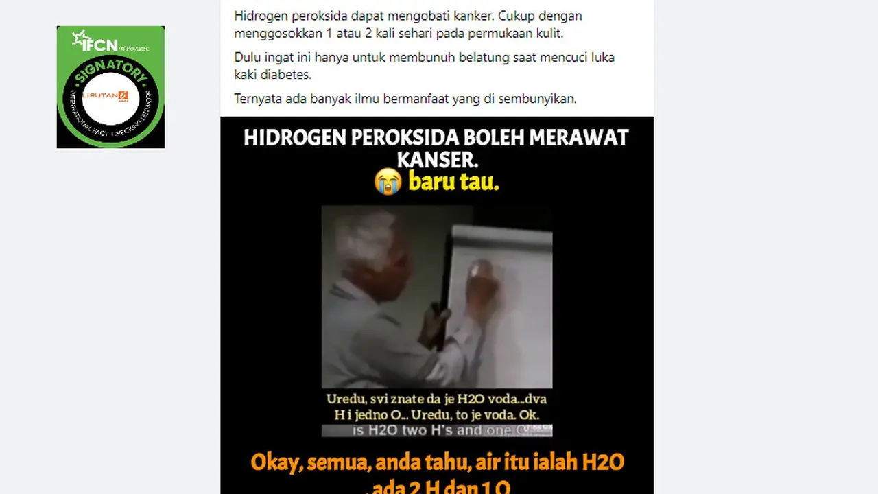 Tangkapan layar klaim hidrogen peroksida dapat mengobati kanker dengan menggosokan ke kulit