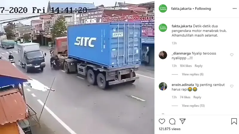 Kecelakaan antara sepeda motor dengan truk kontainer terekam kamera CCTV (Closed-circuit television). Dalam video yang dibagikan akun Instagram @fakta.jakarta, terlihat detik-detik kecelakaan bisa terjadi.