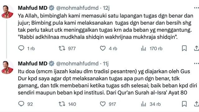 Unggahan doa dari Mahfud MD. (Foto: Dok. Twitter @mohmahfudmd)