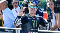Pembalap Monster Energy Yamaha Maverick Vinales finis ketiga dalam balapan MotoGP San Marino di Sirkuit Misano, Italia, Minggu (15/9/2019).(Alessio Marini/ANSA via AP)