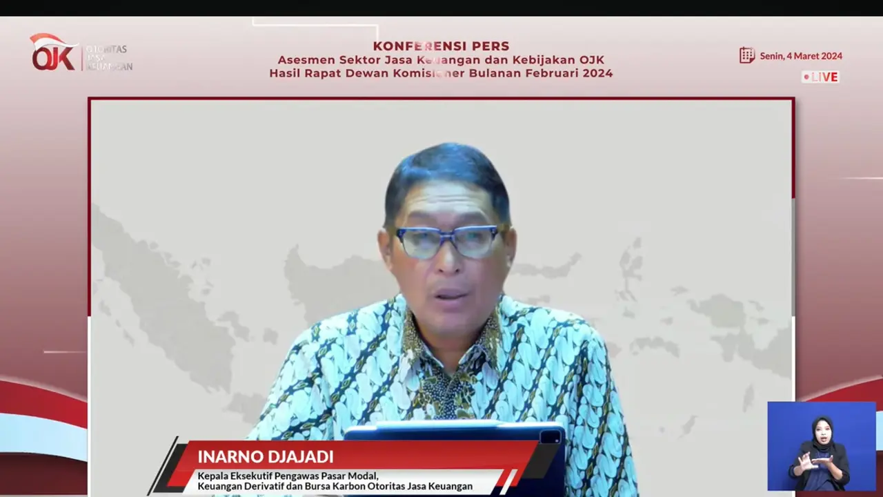 Kepala Pasar Modal, Bursa Karbon dan Keuangan Derivatif OJK Inarno Djajadi, dalam Konferensi Pers RDK Bulanan Februari 2024, secara virtual, Senin (4/3/2024). (Tira/Liputan6.com)