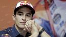 Ekspresi Marc Marquez saat acara konferensi pers terkait kehadirannya di Sirkuit Sentul, Bogor, Jawa Barat. Selasa (25/10/2016). (Bola.com/Reza Bachtiar)