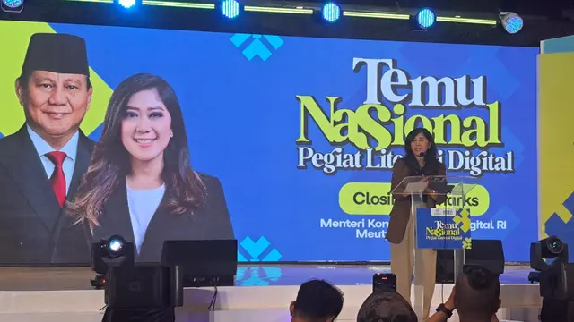 Menteri Komunikasi dan Digital Meutya Hafid di acara Temu Nasional Pegiat Literasi Digital 2025, Jakarta, Rabu (17/12/2025).