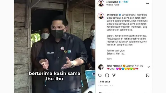Tangkapan Layar video pendek yang diunggahnya di Instagram Menteri BUMN @erickthohir.