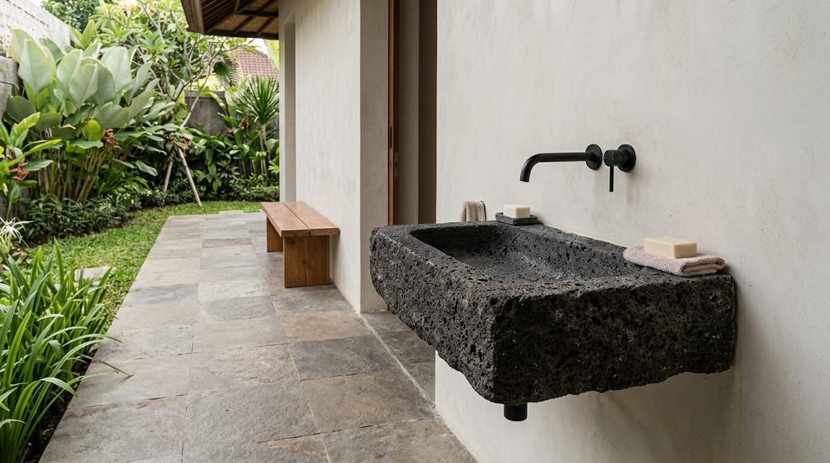 Model Tempat Cuci Tangan di Teras dengan Material Batu Alam
