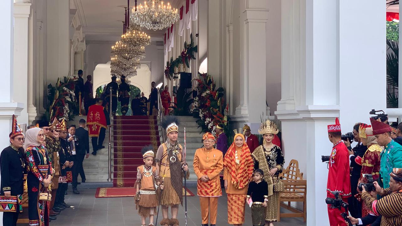 Wakil Presiden Ma’ruf Amin dan Wakil Presiden Terpilih Gibran Rakabuming Raka telah tiba di acara HUT ke-79 RI di Istana Merdeka Jakarta. (Delvira Hutabarat).