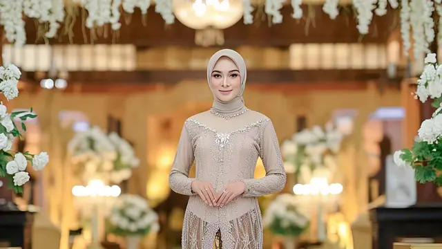 Referensi baju bridesmaid hijab dress satin dengan lengan puff mode "kebaya tunik modern berpotongan panjang"/Via Meta AI