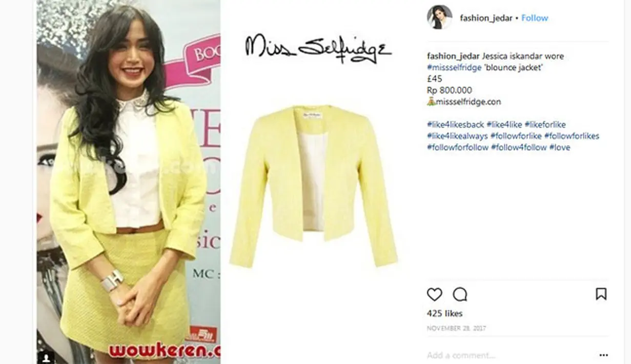 Nah, sekarang blazer kuning yang dipakai Jedar ini mempunyai harga Rp. 800.000. Jadi, kalau dihitung setelan baju Jedar ini mencapai Rp. 1.800.000. (Instagram/fashion_jedar)