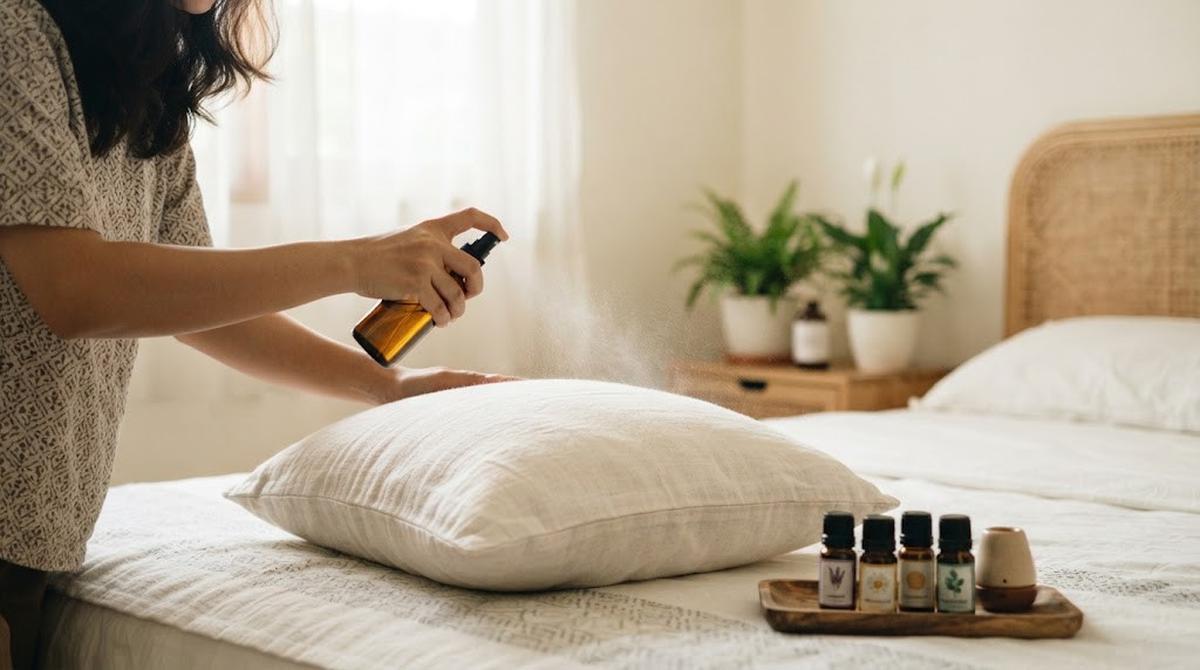 Menyemprotkan Minyak Esensial ke Bantal