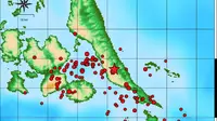 Sebaran gempa susulan di Halmahera. (Liputan6.com/Hairil Hiar/BMKG Maluku Utara)