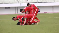 Selebrasi para pemain timnas Indonesia U-19 usai mencetak gol ke gawang Timor Leste. (Dokumentasi PSSI)