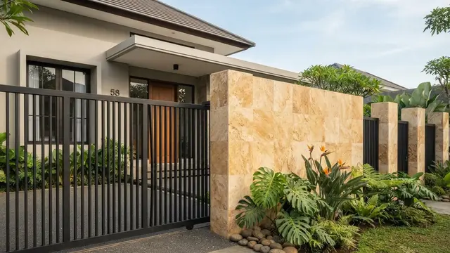 Kombinasi Pagar Geser dan Batu Alam Fasad Minimalis Terlihat Lebih Premium