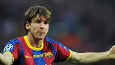 Reaksi penyerang Barcelona Lionel Messi usai mencetak gol ke gawang Manchester United dalam final Liga Champions di Wembley Stadium, 28 Mei 2011. AFP PHOTO/LLUIS GENE