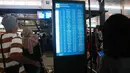 Calon penumpang berjalan melewati papan informasi yang menunjukkan penerbangan terganggu di Bandara Internasional Soekarno-Hatta di Tangerang, Indonesia, Minggu, 6 September 2026. (AP Photo/Tatan Syuflana)