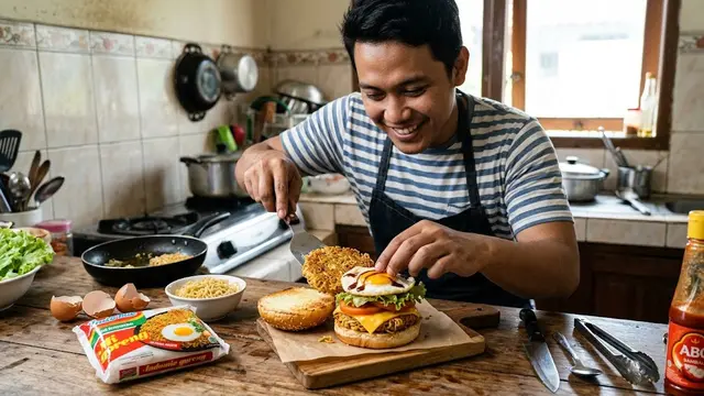 Ilustrasi Resep Burger Mie Instan Renyah yang Anti Hancur/AI Generated