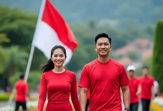 Ide outfit jalan sehat HUT RI yang penuh semangat nasionalisme. ©Ilustrasi MetaAI