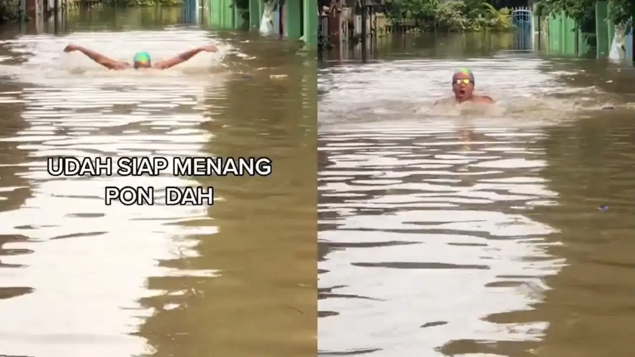 Video viral yang menunjukkan seorang pemuda unjuk kemampuannya berenang di tengah banjir.