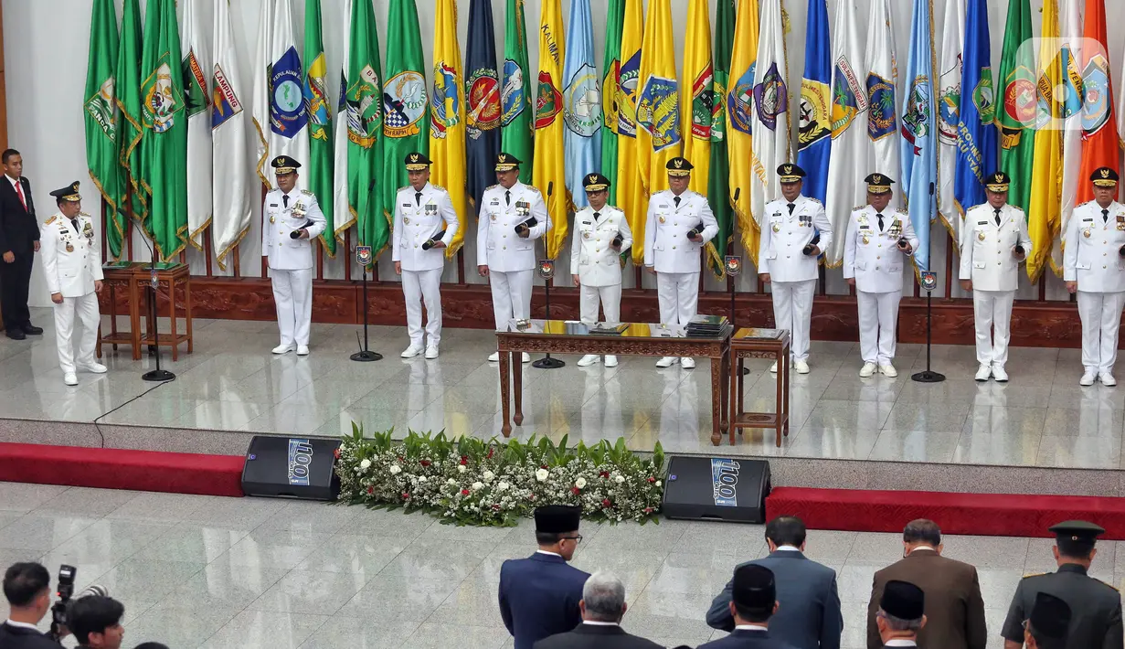 Adapun pelantikan baru diresmikan untuk sembilan Pj Gubenur, sementara satu lagi Pj Gubernur Nusa Tenggara Barat (NTB) Lalu Gita Ariadi diketahui baru akan dilangsungkan pada 19 September 2023. (Liputan6.com/Angga Yuniar)