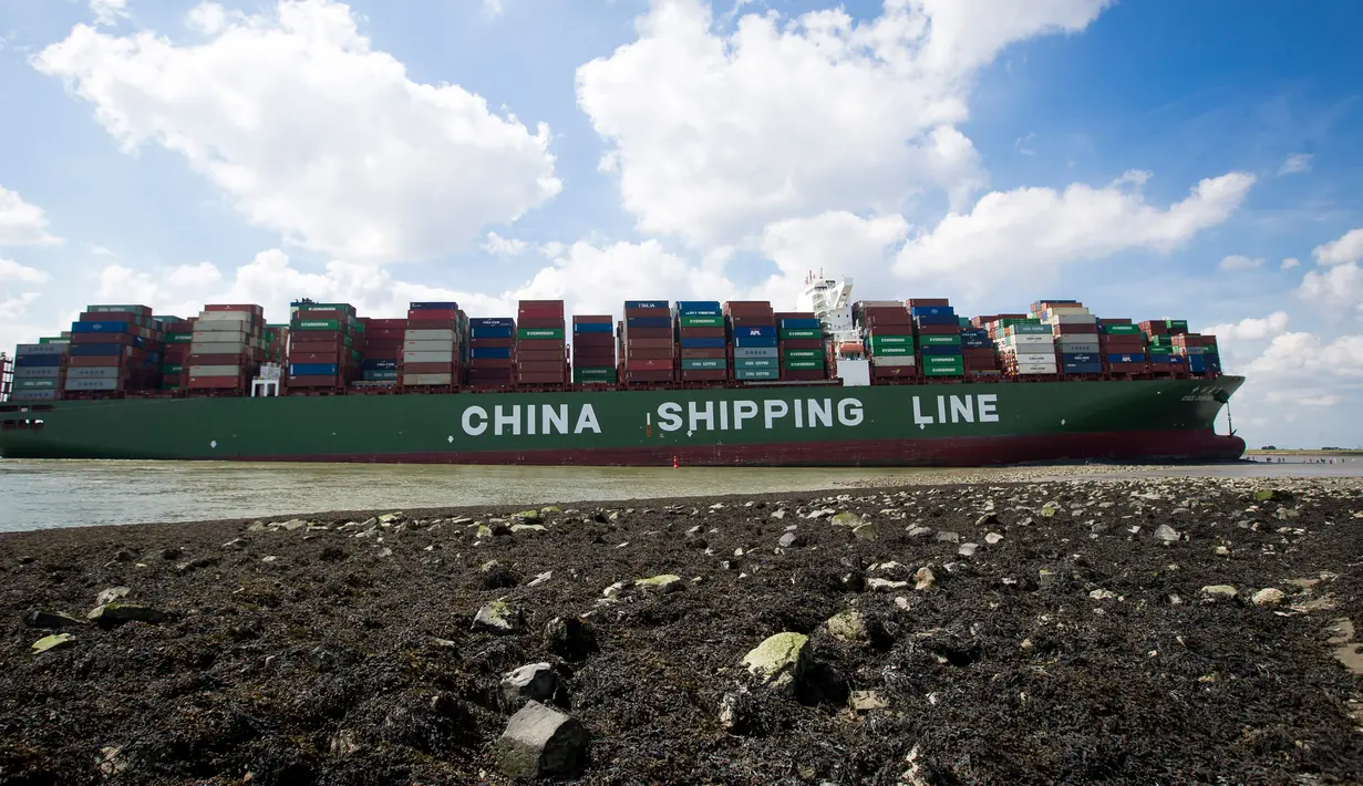 Sebuah kapal kontainer CSCL Jupiter Hong Kong yang terdampar di muara Westerschelde di dekat kota Bath di Belanda setelah insiden grounding (14/8).  (AFP PHOTO/Belga/Kristof Van Accom/Belgium Out)