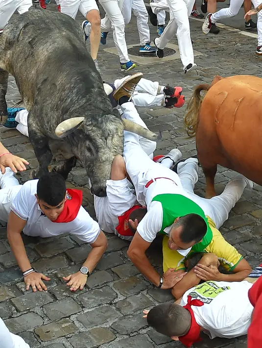 Sejumlah peserta terjatuh saat diseruduk banteng selama hari ketiga Festival San Fermin di Pamplona, Spanyol utara, (9/7). Ratusan orang dari seluruh dunia  setiap tahunnya ambil bagian dalam Festival Adu Banteng, San Fermin. (AFP Photo/Ander Gillenea)
