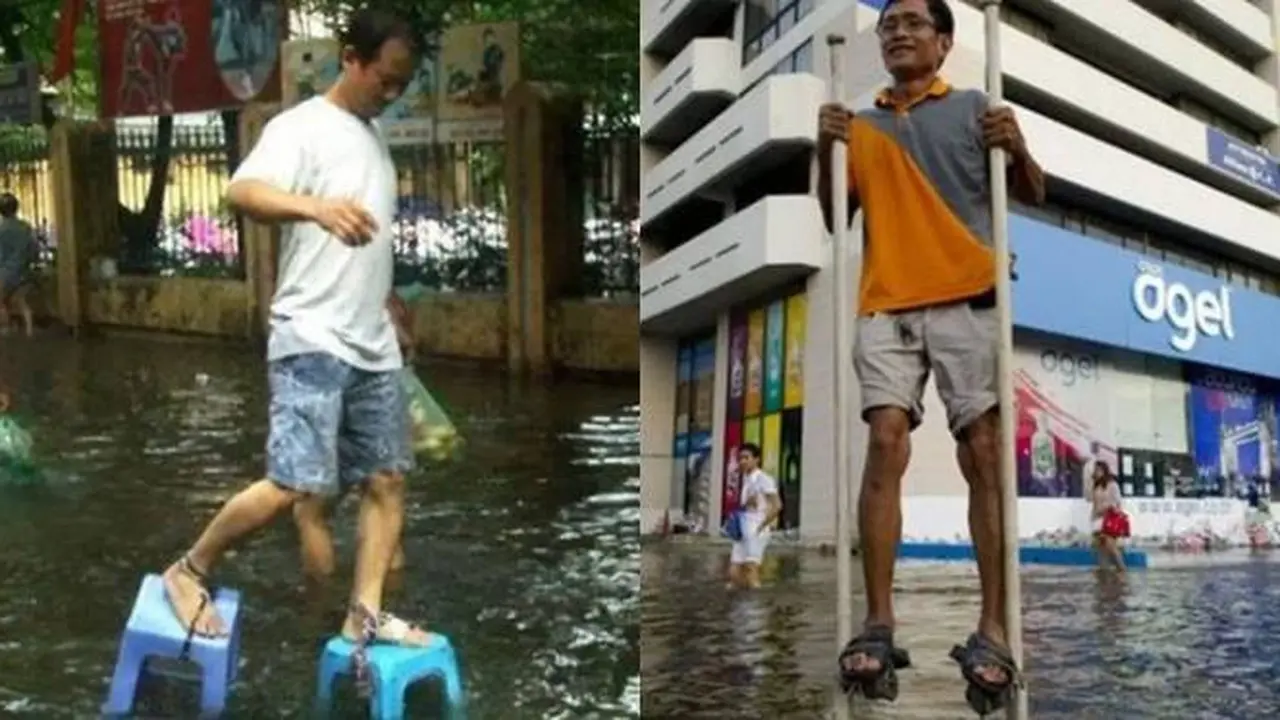 6 Potret Nyeleneh Orang Enggak Mau Basah saat Banjir Ini Idenya Kocak
