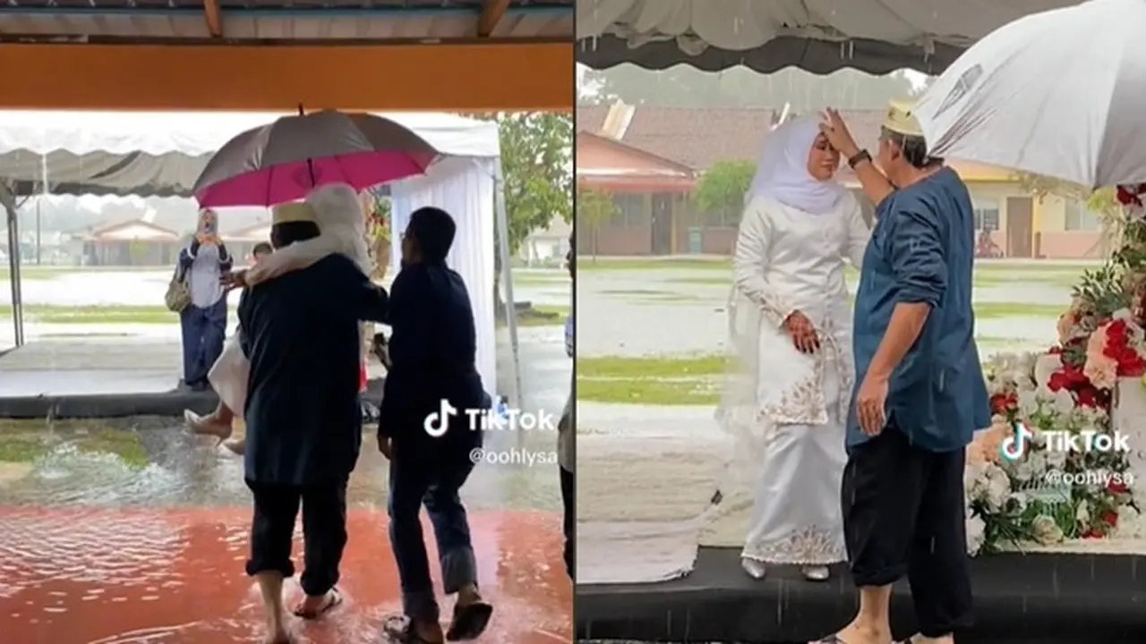 Terjang Hujan dan Banjir, Paman Ini Rela Gendong Pengantin Wanita ke Lokasi Akad Nikah