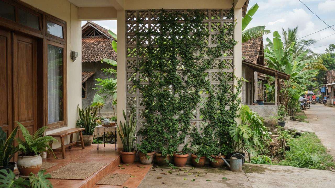 Inspirasi Teras Rumah dengan Roster dan Tanaman Rambat, Bikin Hunian Sejuk dan Estetik Model Kombinasi dengan Dollar Vine