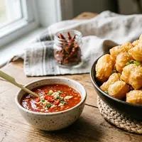 Cakwe mini dengan saus pedas asam manis. [AI Generated]