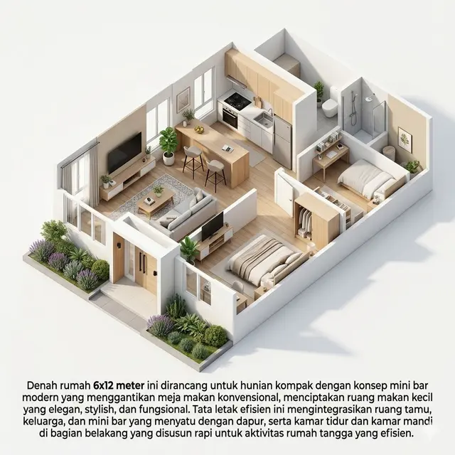 Denah Rumah 6x12 dengan Ruang Makan Kecil