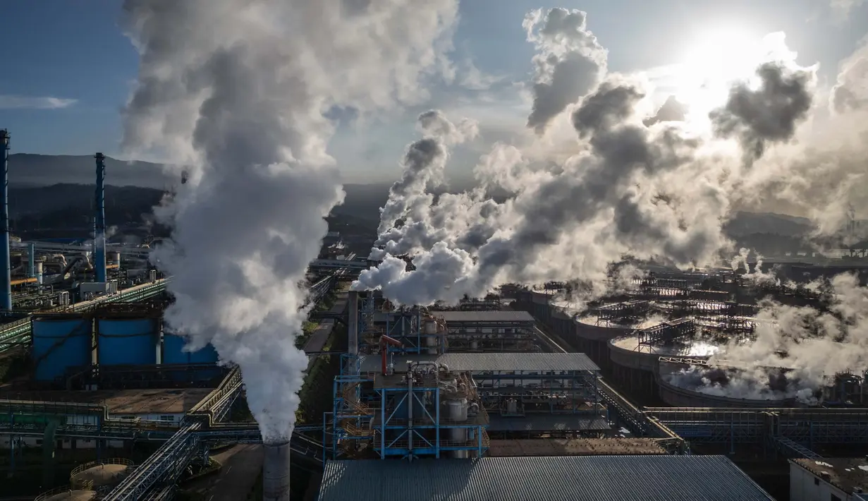 Foto udara yang diambil pada tanggal 18 April 2025 menunjukkan kepulan asap di Weda Bay Industrial Park (WBIP), pusat pengolahan dan peleburan nikel, di Lelilef Sawai, Halmahera Tengah, Maluku Utara. (Foto oleh AFP)