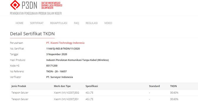 Sertifikat TKDN untuk Mi 10T dan Mi 10T Pro di laman P3DN Kementerian Perindustrian (Liputan6.com/ Agustin Setyo W)